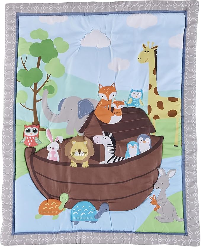 4 PCs Noah's Ark Nursery Crib Bedding Set Blue Grey Animal Theme Baby Crib Bedding Set Quilt + Skirt + Fitted Sheet + Window Valance