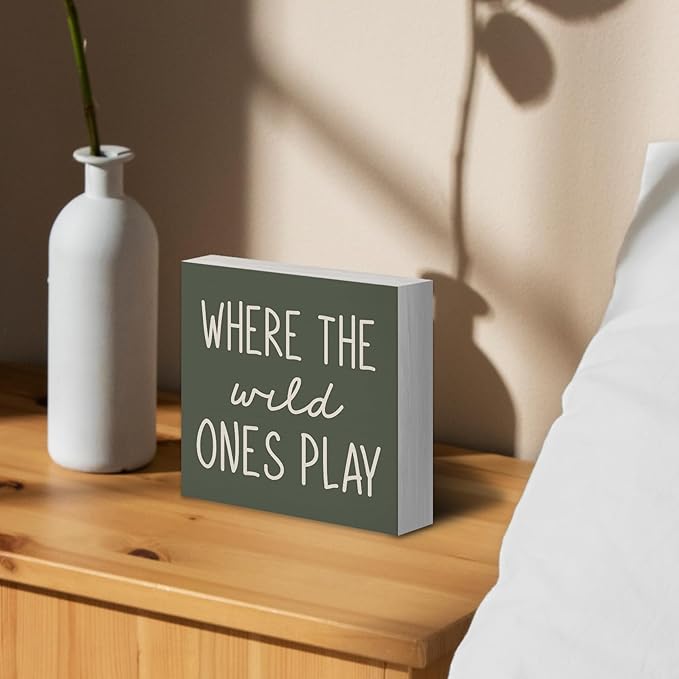 Where The Wild Ones Play Green Wood Box Sign Desk Decor 8x8, Nursery Kids Room Wooden Block Sign Decorations for Playroom Toddler Boys Girls Room Wall Tabletop Shelf Decor