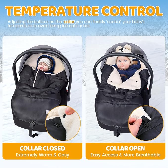 Orzbow Winter Carseat Cover for Baby | Infant Car Seat Blanket | Waterproof Car Seat Cover with Adjustable Collar, Warm and Cozy Fleece Carseat Canopy Blanket for Baby Winter Essentials, Black
