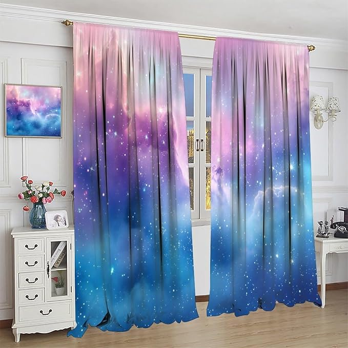 Starry Sky Galaxy Curtains, Outer Space Glitter Dreamy Gradient Romantic Window Curtains Drapes for Kids Girls Boys Adults Bedroom Nursery 42" W X 45" L(No Blackout)