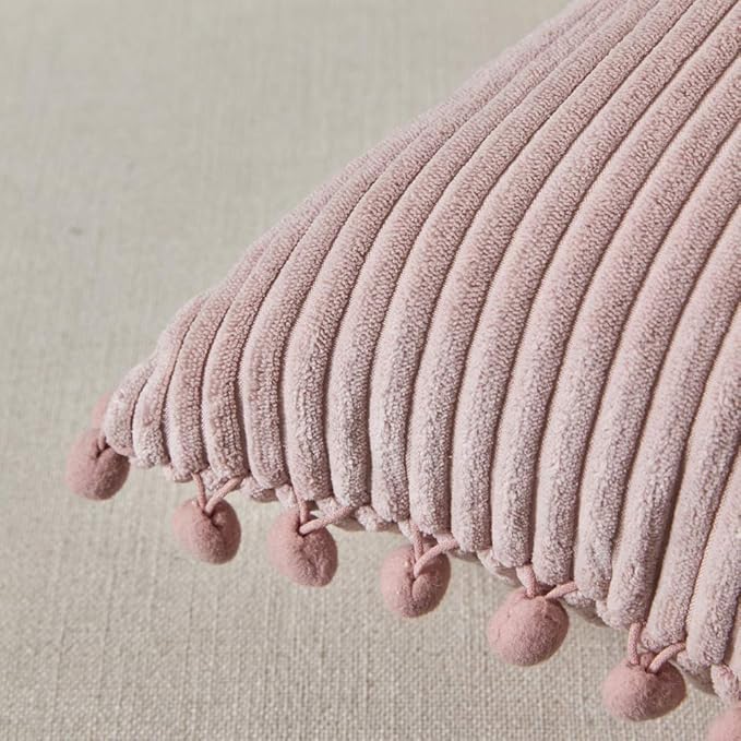Fancy Homi Pack of 2 Decorative Throw Pillow Covers 22x22 with Pom-poms, Soft Corduroy Solid Square Cushion Pillow Cases Set for Couch Sofa Bedroom Car Living Room (22x22 Inch/55x55 cm, Blush Pink)