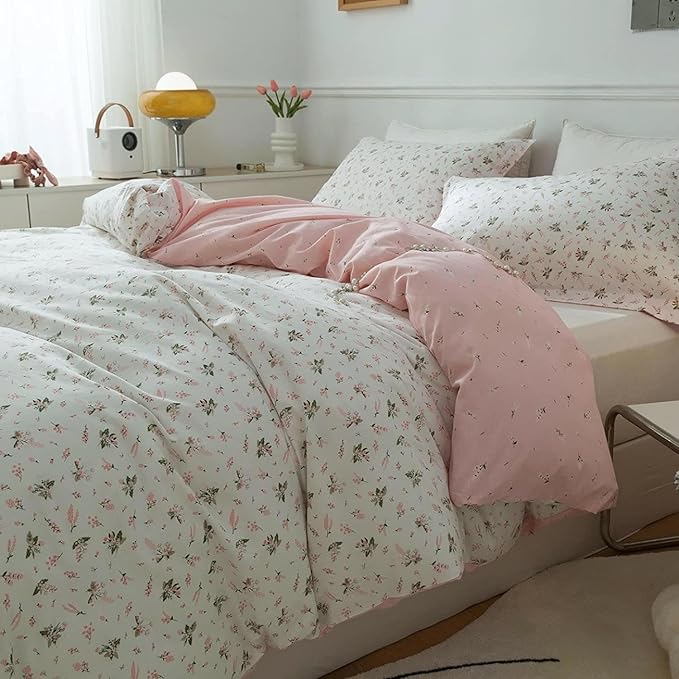 Pink Flower Duvet Cover Full Size Girls Cottage Floral Duvet Cover with 2 Pillowcases Soft 100% Cotton Flower Bedding Set Full Vintage Floral Comforter Cover with Zipper Closure for Girls Women
