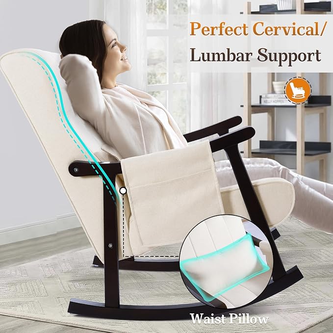 NOBLEMOOD Rocking Chair Indoor with Ottoman, Nursery Rocking Chair with Lumbar Pillow, High Back Upholstered Solid Wood Frame Rocker for Living Room