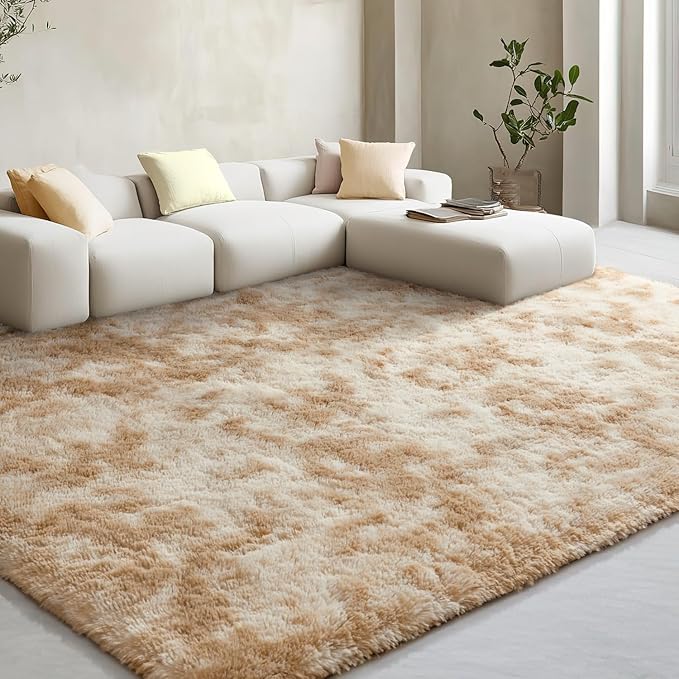 EVOIONOS Area Rug for Bedroom Living Room, Machine Washable 4x6 Fluffy Shag Rug, Soft Plush Non Slip Carpet for Indoor Floor Bedside Nursery Kids Girls Room Dorm, Home Decor Aesthetic, Tie-Dyed Camel
