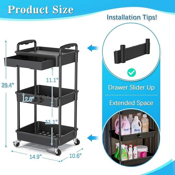 3 Tier Rolling Cart with Drawer, Bathroom Storage Organizer with 2 Lockable Wheels, Multifunctional Rolling Storage Cart for Bathroom, Kitchen, Office, Craft, Makeup, Baby Essentials, Black