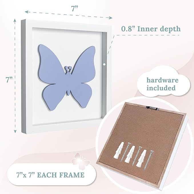 Tide and Tales 3D Butterfly Room Decor for Girls, Set of 3 (7”x7”) Framed Wooden Wall Art for Nursery, Nature-Inspired Bedroom Decorations, Butterfly Decor for Baby Girl, Perfect Baby Gift