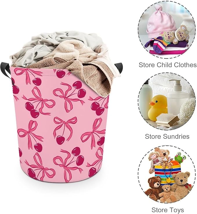 Pink Laundry Basket Cherry Decor Bow Laundry Hamper Clothes Toy Storage Bin for Bedroom Bathroom