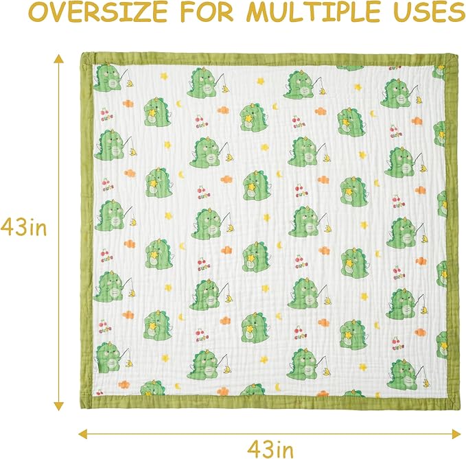 Muslin Baby Blankets, Nursery Blankets for Boys Girls, Swaddle Blankets Neutral Soft Lightweight Toddler and Kids Throw Blankets (Green Dinosaur)