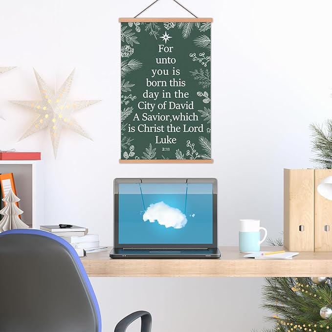 KAIRNE Christmas Wall Art,Christian Poster With Wooden Hanger(13.8”X22”),Green Snow Tree Picture,Xmas Bible Wall Decor,Christmas Gift for Friends Family Living Room Bedroom Farmhouse Decoration