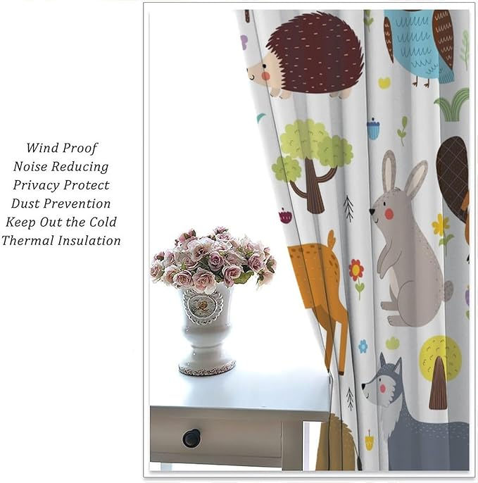 Forest Animals Kids Blackout Curtains Cartoon Cute Bear Deer Squirrel Owl Hedgehog Modern Art Print for Boys Girls Bedroom Living Room Nursery Rod Pocket Decoration Window Drapes 2 Panels W27.5xL63in
