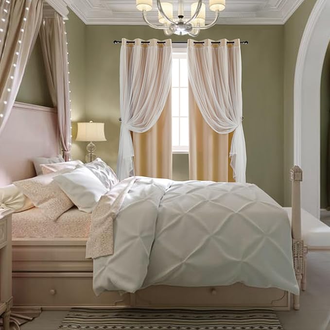 Anytime Home Curtains Blackout and Sheer Layered Solid Window Curtain Panel Pair with Grommet Top, 52Wx84L,Beige
