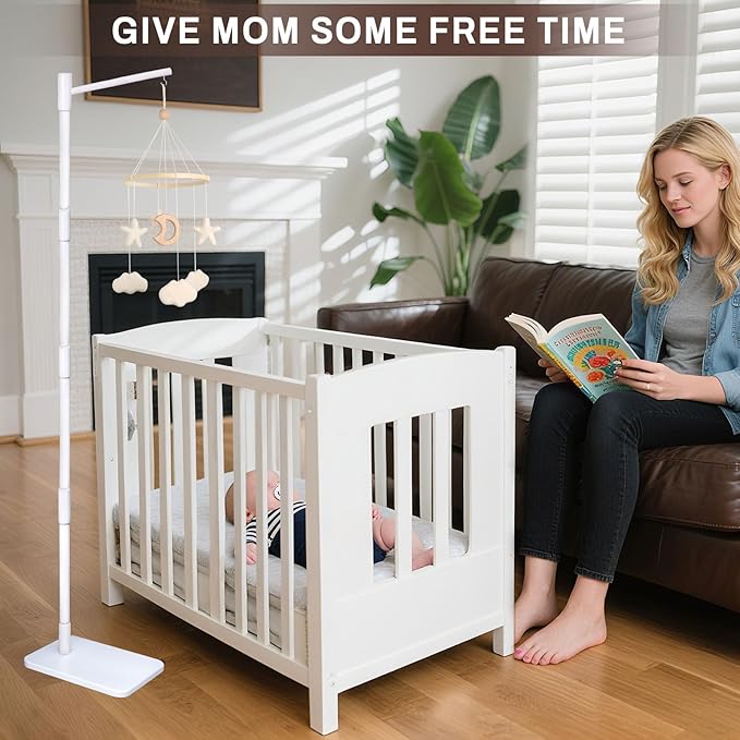 White Floor-Standing Crib Mobile Arm - 65" Baby Mobile Stand for Crib - Mobile Arm for Crib - 100% Beech Wood - Adjustable Mobile Hanger with Anti-Tip Base - Easy Assembly - Modern Nursery Decor