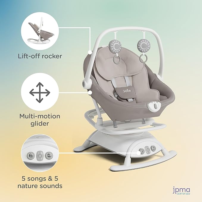 Joie Cinnamon 2-in-1 Glider and Rocker – Multi-Motion Baby Swing and Rocker Combo with Plush Fabrics, Compact Design, and Multiple Recline Positions – Soothing Sounds & Gentle Vibrations (Walnut)