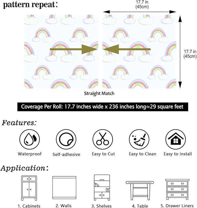 CHIHUT Boho Peel and Stick Wallpaper Roll 17.7”x236” Self Adhesive Rainbow Cloud Contact Paper for Desk Drawers Watercolor Colorful Rainbow Stick on Wall Paper Mural for Girls Bedroom Kids Room