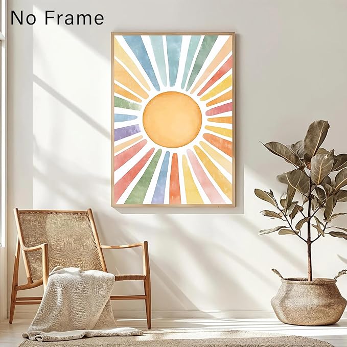 Boho Sun Canvas Wall Art Nursery Sun Prints Watercolor Sunshine Art Colorful Sunshine Poster Abstract Geometric Painting Colorful Geometric Prints Modern Minimalist Poster 16x24inch Frameless