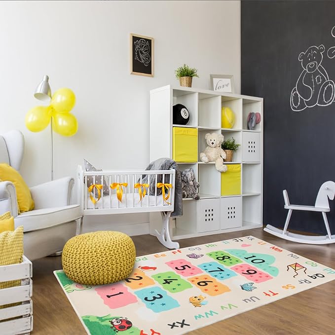 Soft Educational Kids Learning Rug Washable for Boys Girls Bedroom Play Room, Cute Numbers ABC Alphabets Hopscotch Rug for Classroom, Toddler Baby Nursery Carpet Playmat, Neutral 63"x31.5"
