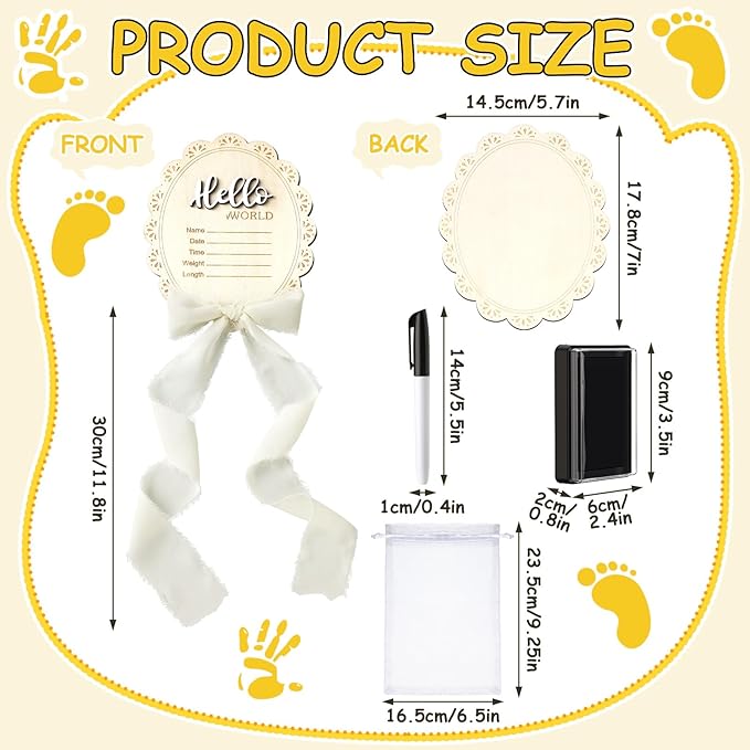Baby Announcement Sign 7 Inch Double Sided Wooden Hello World Newborn Engraved Sign with Organza Bag Marker Pen Ink Pad Ribbon Bow for Baby Shower Hand Footprints Photo Prop (White Bow)