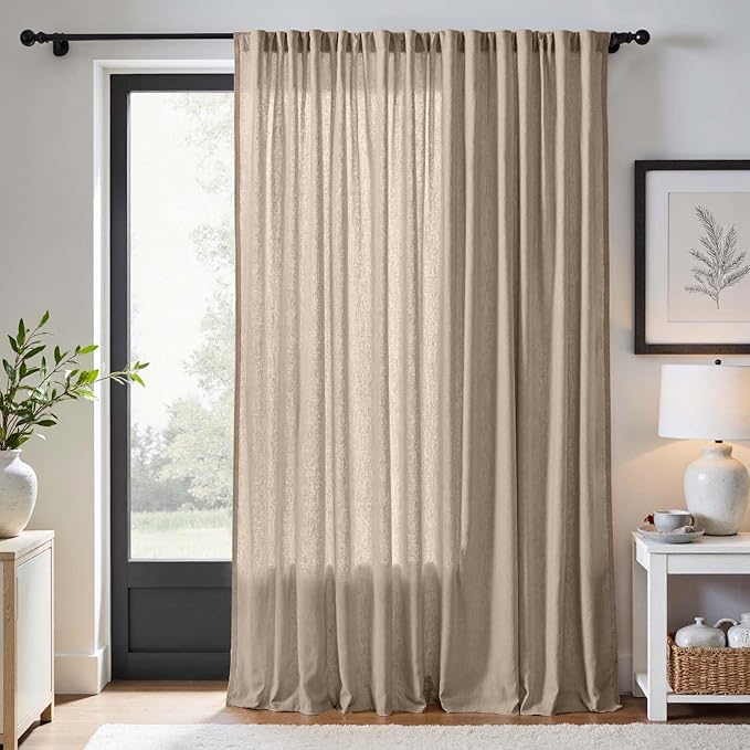 jinchan Taupe Linen Blend Curtain 90 inch Length 1 Panel for Sliding Door, Light Filtering 100 inch Extra Wide Living Room Drape with Rod Pocket Back Tab(100W x 90L, Taupe)