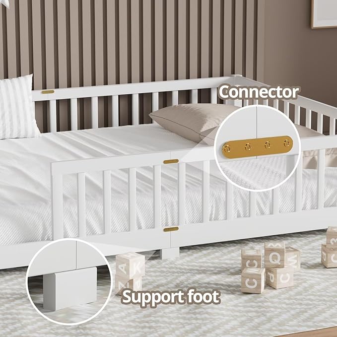 LLS Queen Floor Bed for Kids Toddlers, Solid Wood Multifunctional Montessori Bed Frame with Safety Guardrails, Without Door, Easy Assemble,White