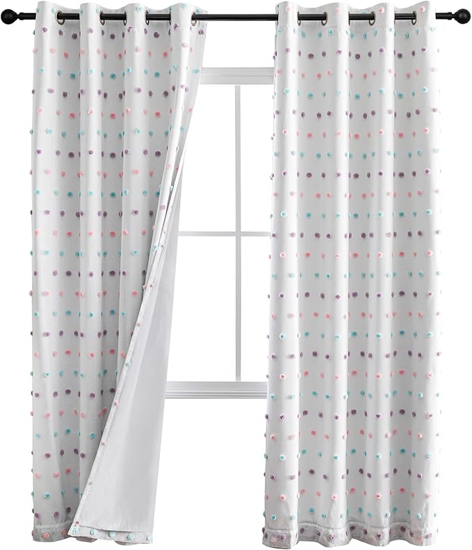 MYSKY HOME Total Blackout Curtains for Kids Bedroom 80 Inch Long 100% Light Blocking Curtains for Living Room 2 Panels Room Darkening Grommet Double Layer Drapes with Rainbow Pom Pom Sheer 52W x 80L