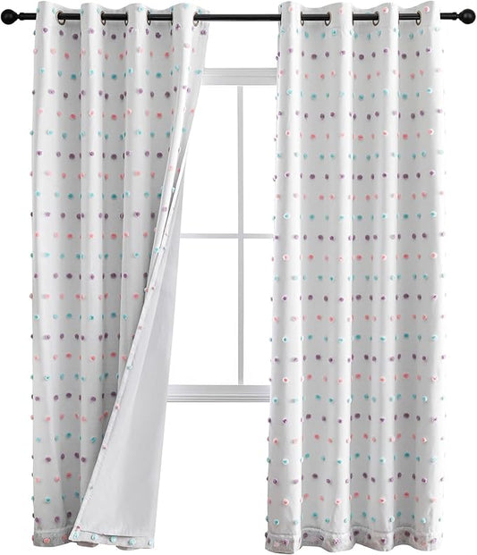 MYSKY HOME Total Blackout Curtains for Kids Bedroom 80 Inch Long 100% Light Blocking Curtains for Living Room 2 Panels Room Darkening Grommet Double Layer Drapes with Rainbow Pom Pom Sheer 52W x 80L