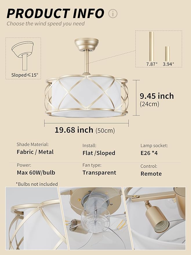 20" Gold Fandelier Ceiling Fan with Light, Fabric Boho Chandelier Ceiling Fans with Lights Remote Control, Mid-Century Modern Caged with 6 Speeds for Bedroom, Nursery
