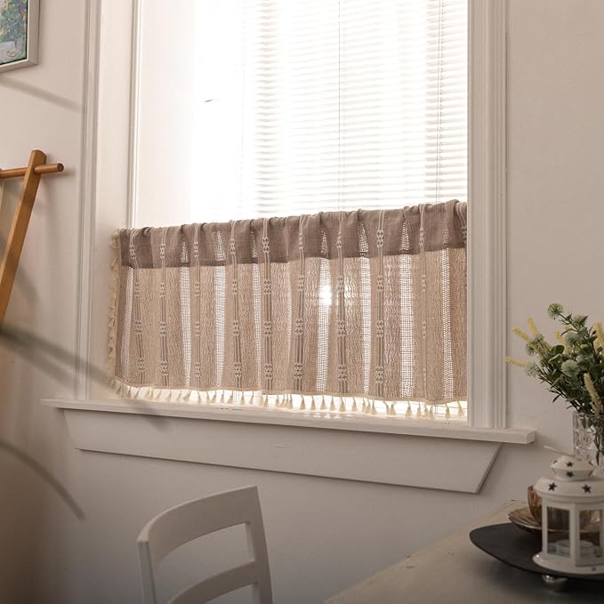 Deeprove Taupe Boho Valance with Tassels Linen Kitchen Short Embroidered Curtain. Farmhouse French Cottage Rustic Small Window Treatment for Cafe Closet Laundry Dining Restaurant 1 Panel W52 x L18