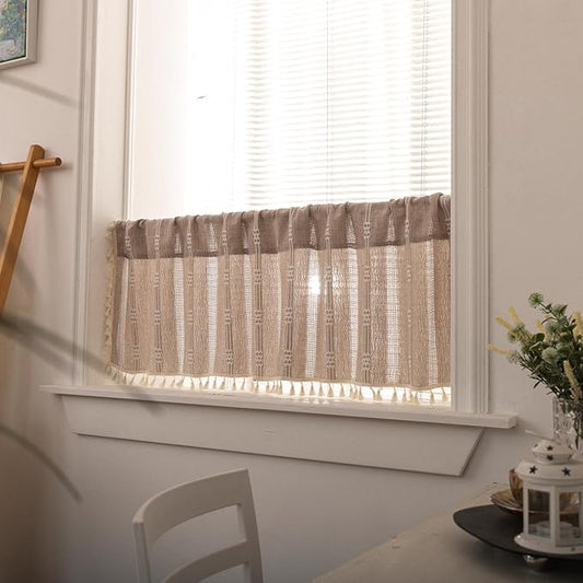 Deeprove Taupe Boho Valance with Tassels Linen Kitchen Short Embroidered Curtain. Farmhouse French Cottage Rustic Small Window Treatment for Cafe Closet Laundry Dining Restaurant 1 Panel W52 x L18