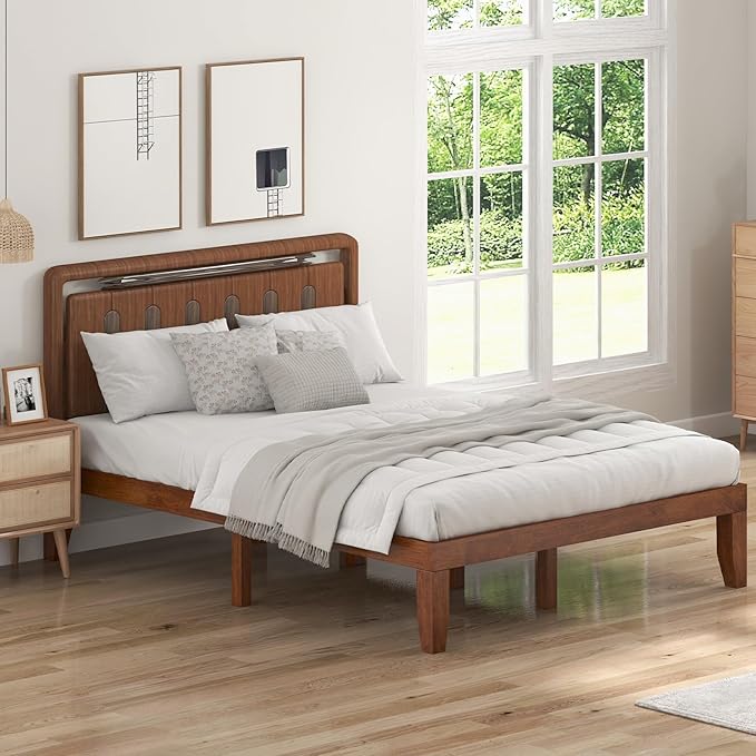 KOMFOTT 14 Inches Wood Platform Bed Frame Queen Size, Wooden Mattress Foundation with Rubber Wood Frame, Strong Wooden Slat Support, No Box Spring Needed, Bed Frame (Brown Cherry)