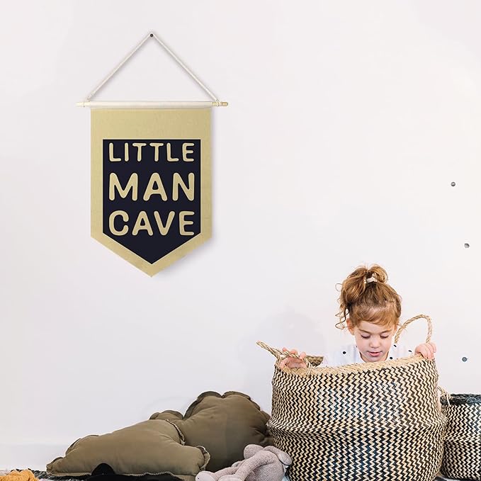 Qpenm Little Man Cave Hanging Wall Canvas Banner,Kids Room Hanging Pennant Flag Prints,Nursery Hanging Wall Canvas Banner,Baby Boy Girl Nursery Decornursery Wall Art Decor