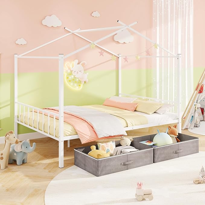 Giantex Full Size House Bed with 2 Storage Drawers, Metal Montessori Bed Frame with Headboard & Footboard, Full House Beds for Kids Girls Boys, No Box Spring Needed, Noise Free (White)