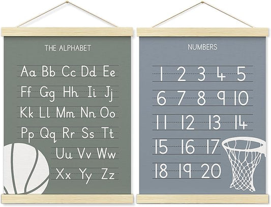 BONETAT Numbers alphabet poster for Nursery Toddlers,Correct Letter Formation on Line Paper, Play Room Wall Decor,ABC Wall Chart,Preschool Homeschool Decor Kids Wall Decor,Wooden Alphabet Banner-A10