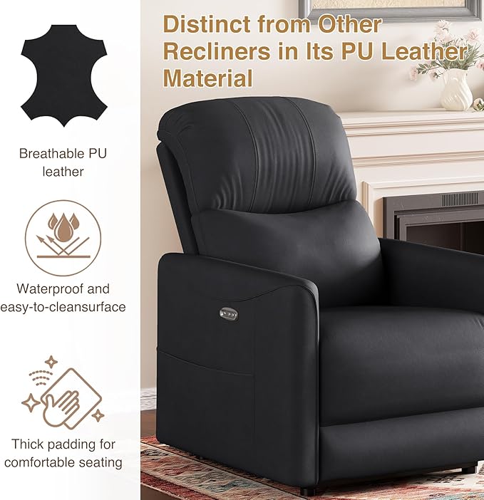 Adjustable Power Recliner Chair, Comfy PU Leather Electric Recliner Chair, Power Recliners with USB Port, Eco-Certified Small Recliners for Small Spaces Sofa Reclinable, Black