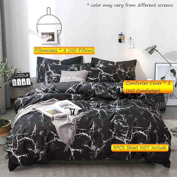 Jumeey Black Duvet Cover Queen Marble Bedding Sets Queen Black Marble Duvet Cover Full Size Black and Grey Bedding Cover Modern Men Women Teen Boy Gothic Marble Bed Abstract Black Bedding Full Set