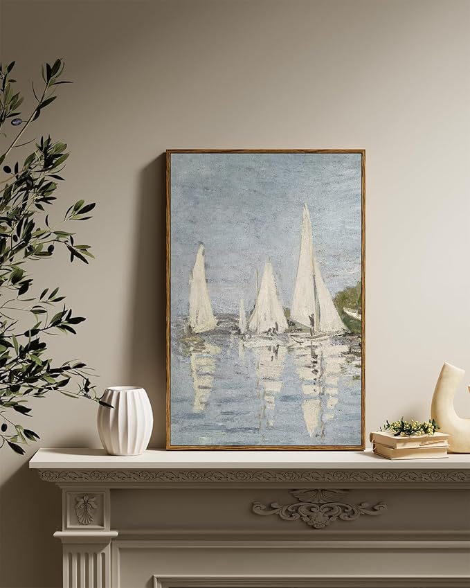 ARPEOTCY Vintage Framed Canvas Wall Art, 16x24inch, Farmhouse Sailboat Large Wall Decor, Nautical Lake Art Prints Home Decorations, Seascape Hanging Paintings for Living Room Bedroom Office Decor