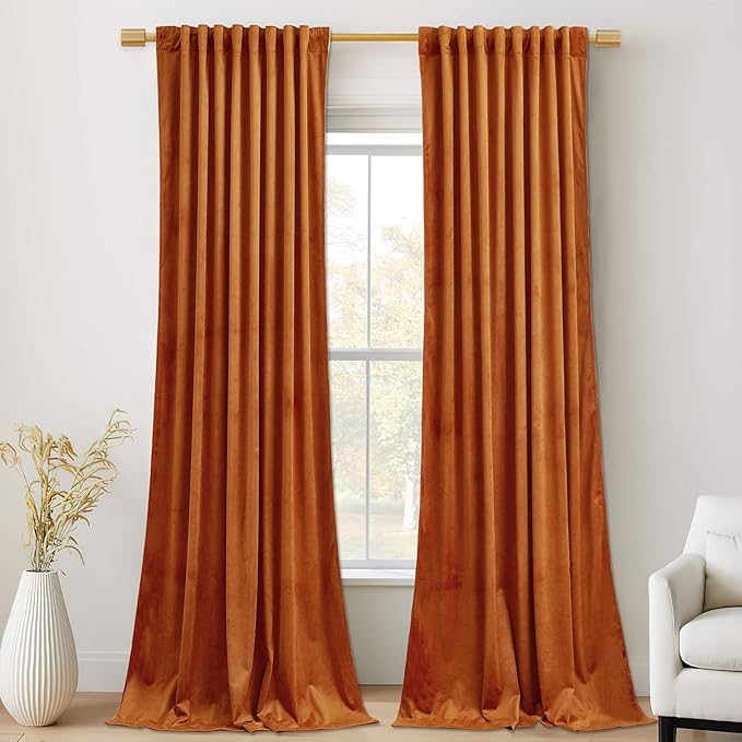 StangH Orange Velvet Curtains 96 inches, Back Tab Heavy Thick Living Room Drapes Light Blocking Privacy Protect Curtain Panels for Bedroom/Backdrops, W52 x L96, 2 Panels