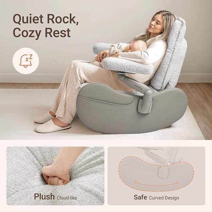 MAMAZING Nursery Rocking Chair Glider with Adjustable Armrests for Breastfeeding, Upholstered Nursing Chair with Removable Cover for Mom and Baby(Light Grey/Light Grey)