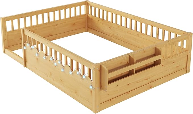 KEIKI Full Size Floor Bed w/Light & Storage, Wood Montessori Platform Bed Frame w/Safety Rails, Space Saving Kids Beds for Boys Girls Bedroom Playing Room, Easy Assembly Bedframe, Noise Free, Brown