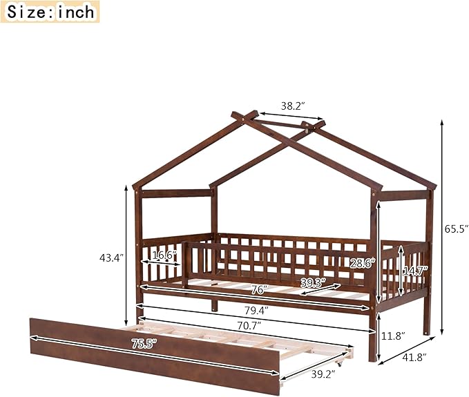 Harper & Bright Designs Twin House Bed with Trundle, Kids Twin Platform Frame Rails and Roof, Tent Bed, Wood Playhouse Twin Montessori for Teens Girls & Boys, No Box Spring Needed (Walnut)