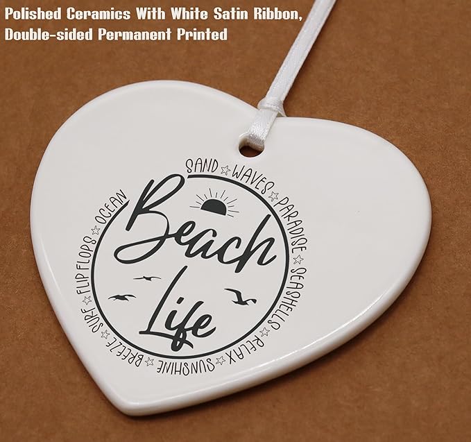 Heart Shaped Christmas Ornament-Beach Life Gift for Women-Sunset Ocean Seaside Vacation Present for Beach Lover Best Friend Sister Bestie Ceramic Keepsake with Gift Box