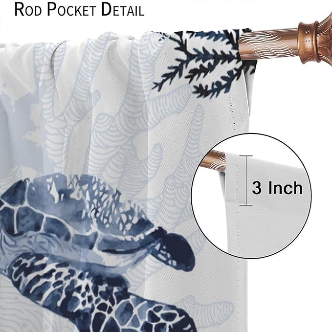 Coastal Nautical Curtains, Turtle Beach Sea Seashell Theme Pattern Blackout Print Home Bedroom Living Room Window Treatmen 2 Panel Set 55x63 Inch
