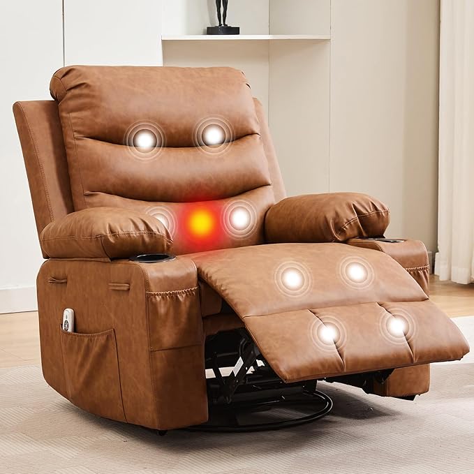 Leather Recliner Chair Nursery, Oversized Manual Reclining Rocking Chair, 360 Swivel Glider with Cup Holder, Massage and Heat Recliner, Small Sofa Chairs for Adults, Living Room, RV, Bedroom, Brown