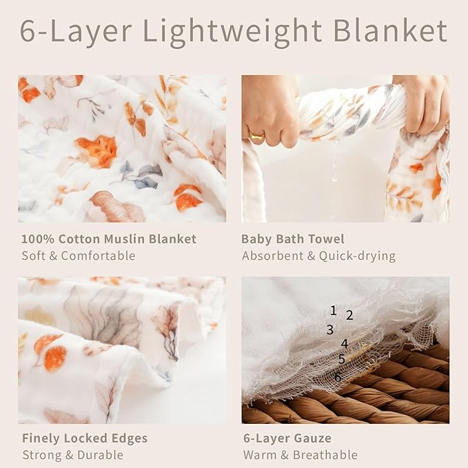 Muslin Swaddle Blankets 6-Layer Cotton Baby Blankets for Boys & Girls 43"X43"Inches Receiving Blankets,Soft Skin-Friendly Baby Crib Blanket,Breathable Quilt Bedspread(Autumn Forest)
