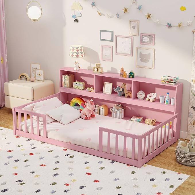 Giantex Twin Floor Bed for Kids, Wooden Montessori Bed Frame with Bookcase, Storage Shelves & Safety Fence Rails, Floor Beds Twin for Girls, Boys, No Box Spring Needed, Without Slats, Pink