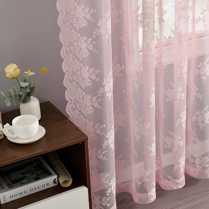 Kotile Pink Lace Curtains 108 Inch Length for Living Room, Vintage Floral Sheer Lace Curtains 2 Panels Set for Girls Room, Rod Pocket Privacy Window Lace Curtain Panel, 52 x 108 Inch, Pink