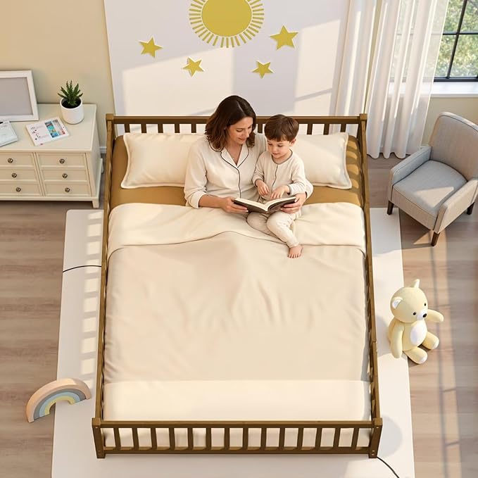 i-POOK Queen Floor Bed Frame with Wood Slats, High Fence & Small Door, Pinewood Montessori Floor Bed for Girls and Boys,Light Espresso