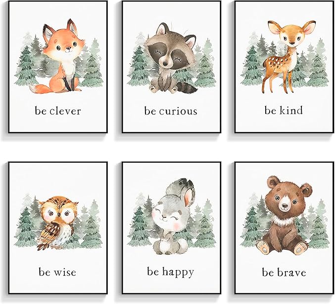 gooptyinh Framed Woodland Nursery Animal Canvas Wall Art, 6 Piece Inspirational Forest Animals Print Posters, Motivational Quotes Cute Bear Fox Rabbit Deer Raccoon Owl Decor for Baby Bedroom 12x16in
