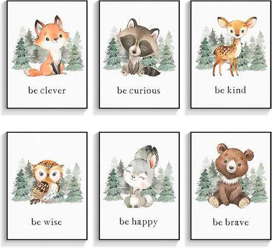 gooptyinh Framed Woodland Nursery Animal Canvas Wall Art, 6 Piece Inspirational Forest Animals Print Posters, Motivational Quotes Cute Bear Fox Rabbit Deer Raccoon Owl Decor for Baby Bedroom 8x10in