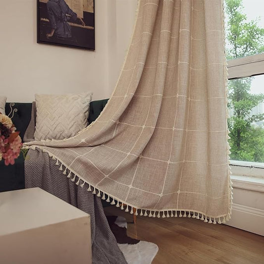 Deeprove Boho Curtains 108 Inches Length Bohemian Lattice Gingham Chic Burlap Embroidery Plaids, Vintage Tassels Home Decor Drapes Light Filtering Rod Pocket, 1 Panel W52 x L108, Natural Linen