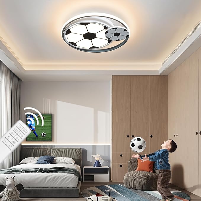 Modern Ceiling Light LED Kids Room Ceiling Lamp for Bedroom Dimmable Soccer Flush Mount Ceiling Light with Remote Control 17" Living Room Light Fixtures for BoysRoom,Kitchen 3000k-6000K